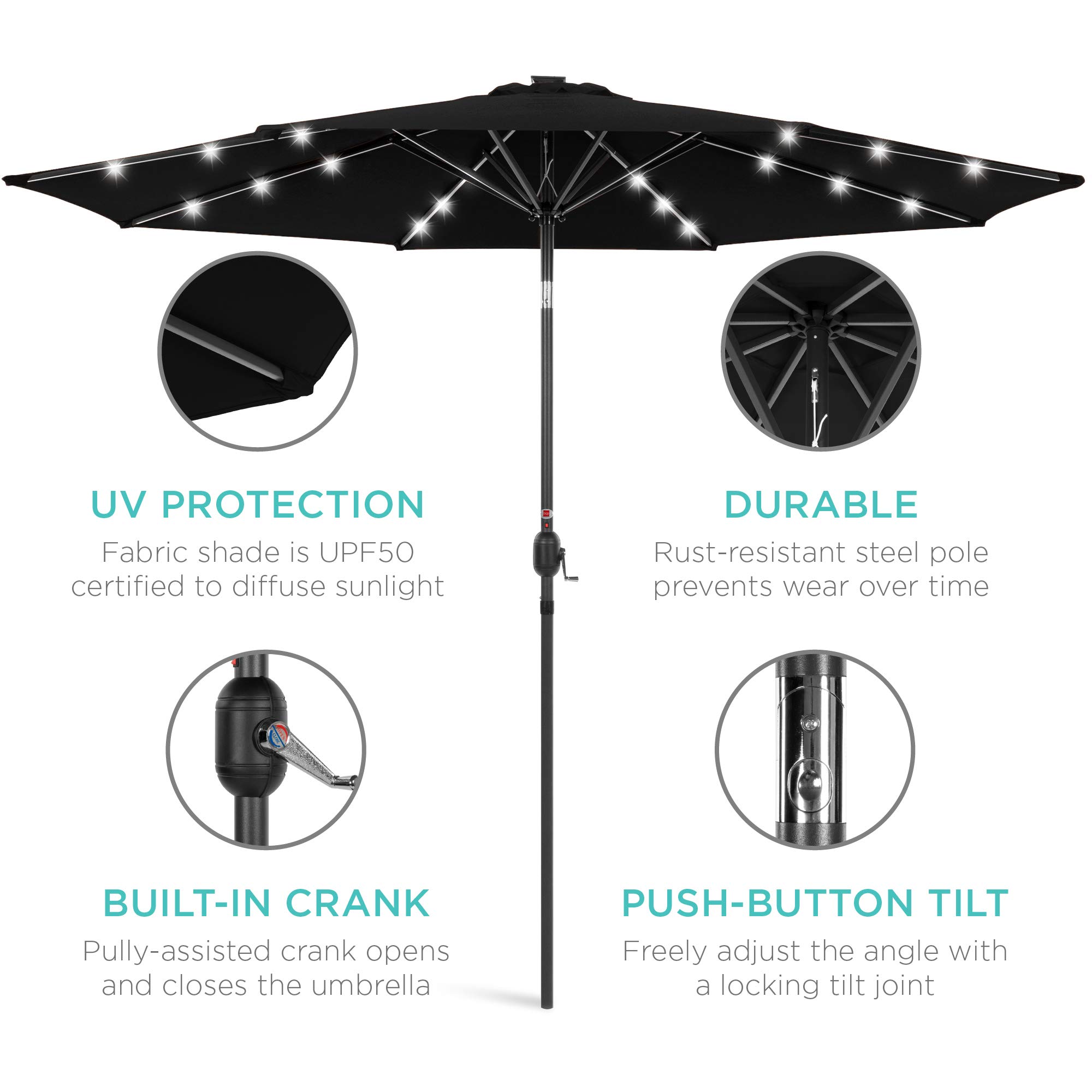 Amazon Com Best Choice Products 10ft Solar Powered Aluminum Polyester Led Lighted Patio Umbrella W Tilt Adjustment And Fade Resistant Fabric Black Garden Outdoor