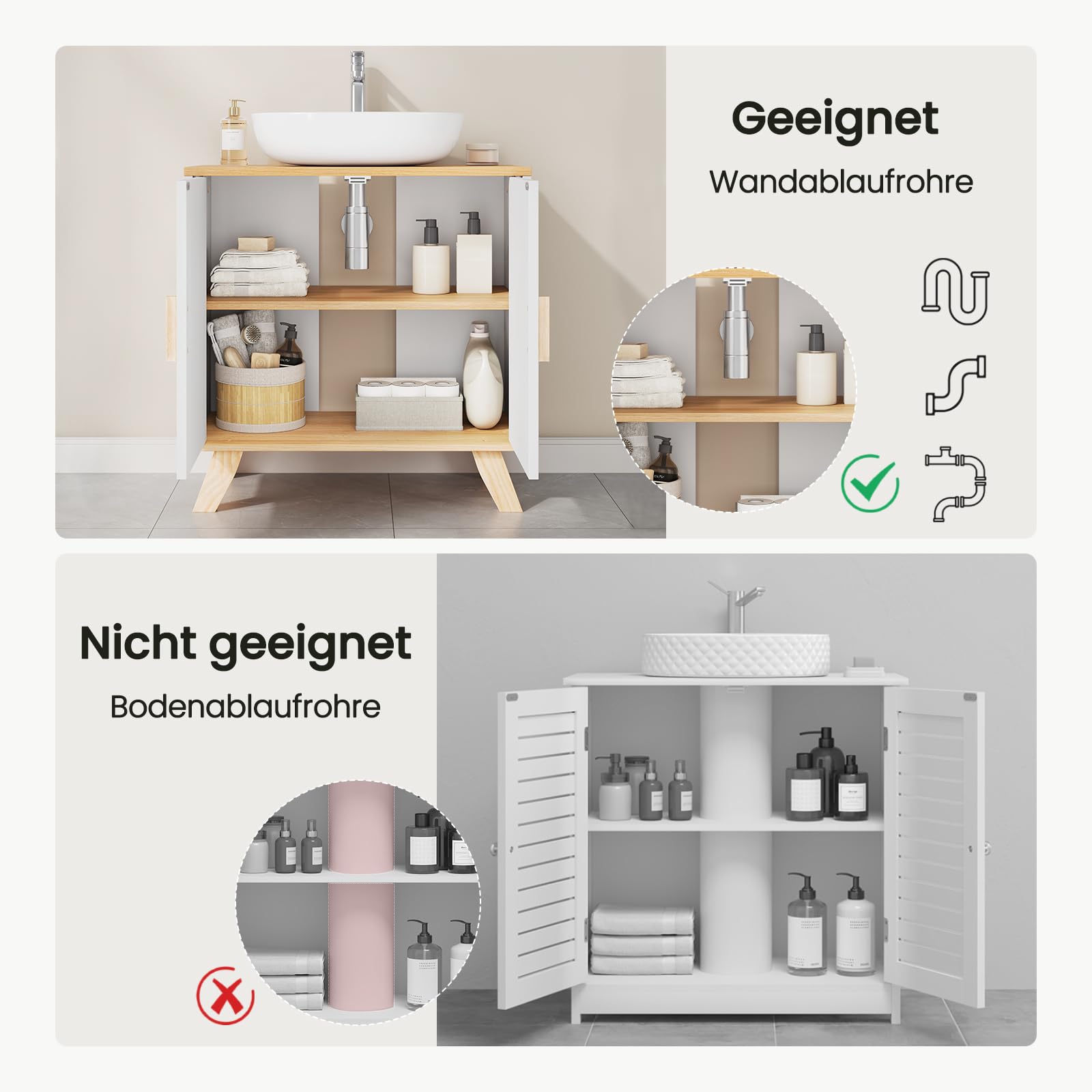 EUGAD Waschbeckenunterschrank Unterschrank Badezimmerschrank Waschtisch Badschrank mit 2 Türen 60 x 30 x 60 cm Weiß