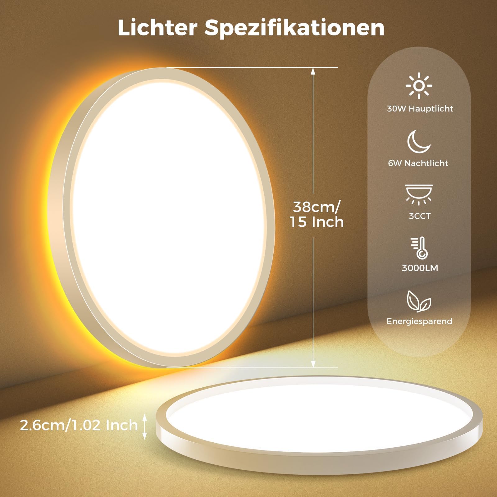 zemty 30W Lampara LED Regulable de 38 CM, Plafon LED con Control Remoto 3000LM, Luz Nocturna 1800K, Luz Led Moderna 3000K-6500K,Ideal para Cocina, Dormitorio y Salón(Blanco, 2 pieza)