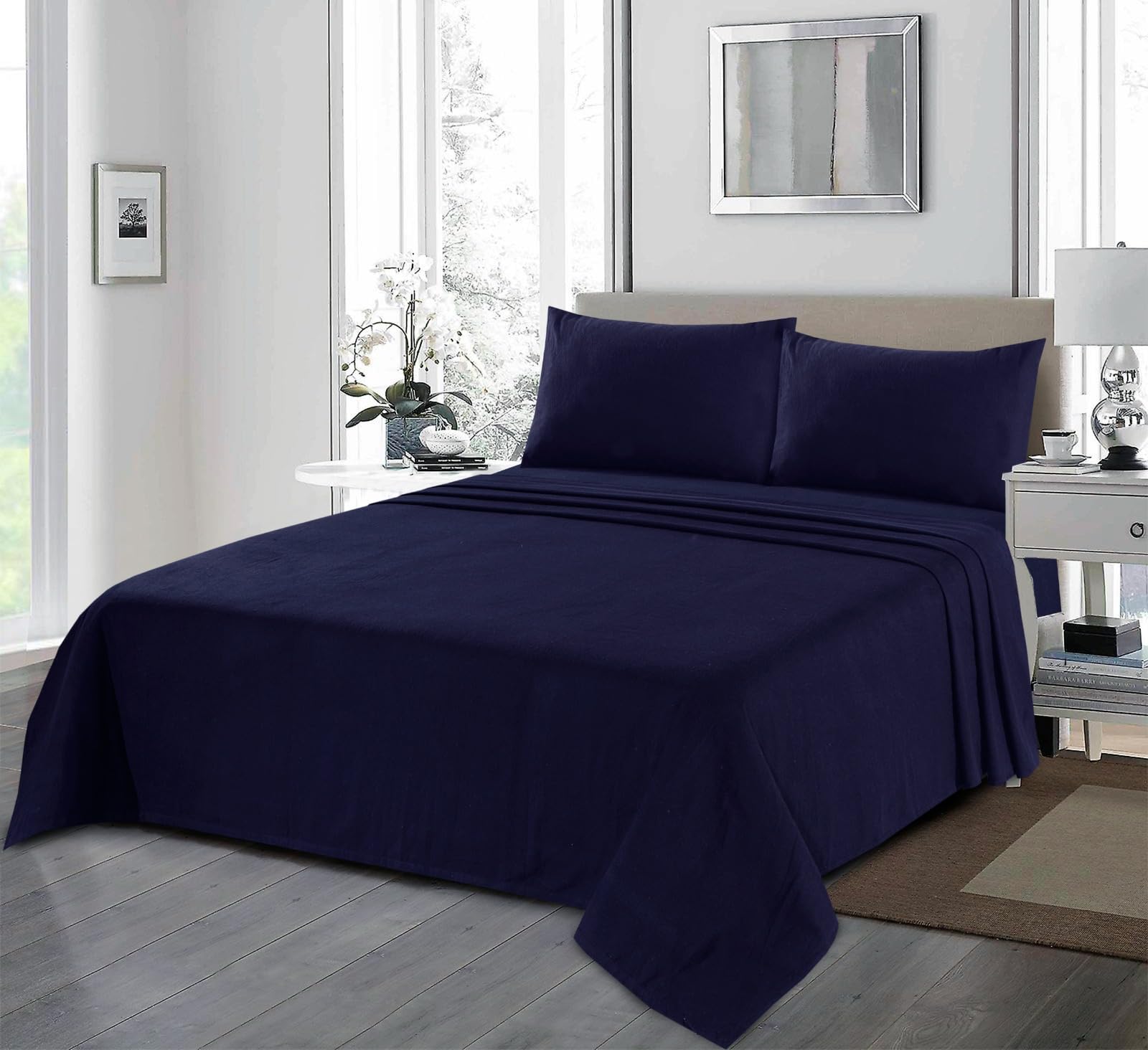 Flannelette Fitted Sheet, 100% Brushed Cotton, 160 GSM Luxury Quality, 32CM/13" Plain Colour, Easy Care flannelette Bedding, Super Soft (Navy Blue, King Fitted Sheet)