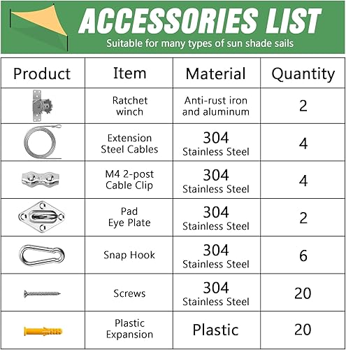 Miniatura 3 de UIRWAY Juego de accesorios para toldo de vela, kit de 60 piezas de acero inoxidable para toldo triangular rectangular, juego de accesorios
