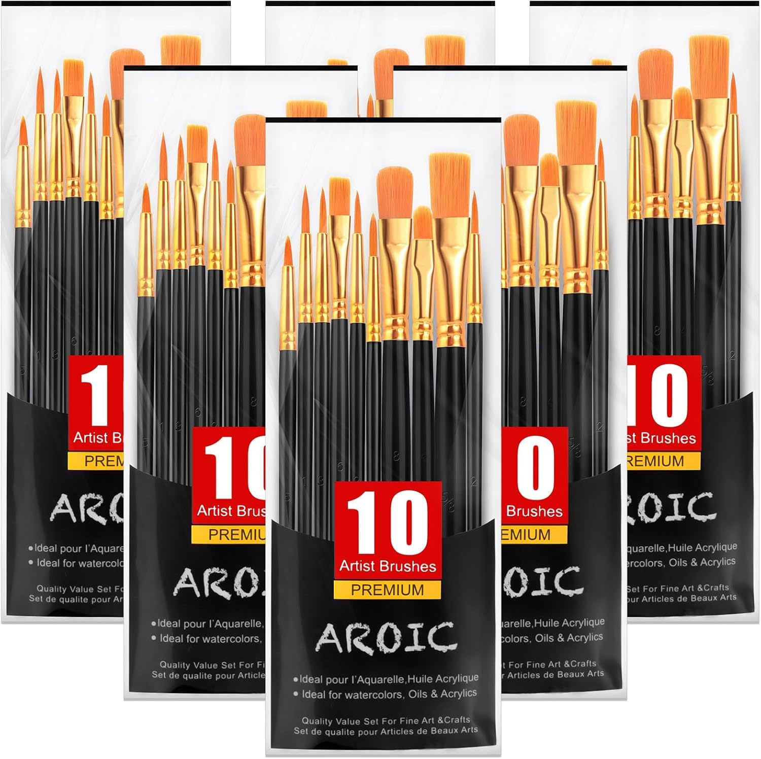 AROIC Acrylic Paint Brushes, 6 Packs / 60 pcs Nylon Hair Paint Brush Set