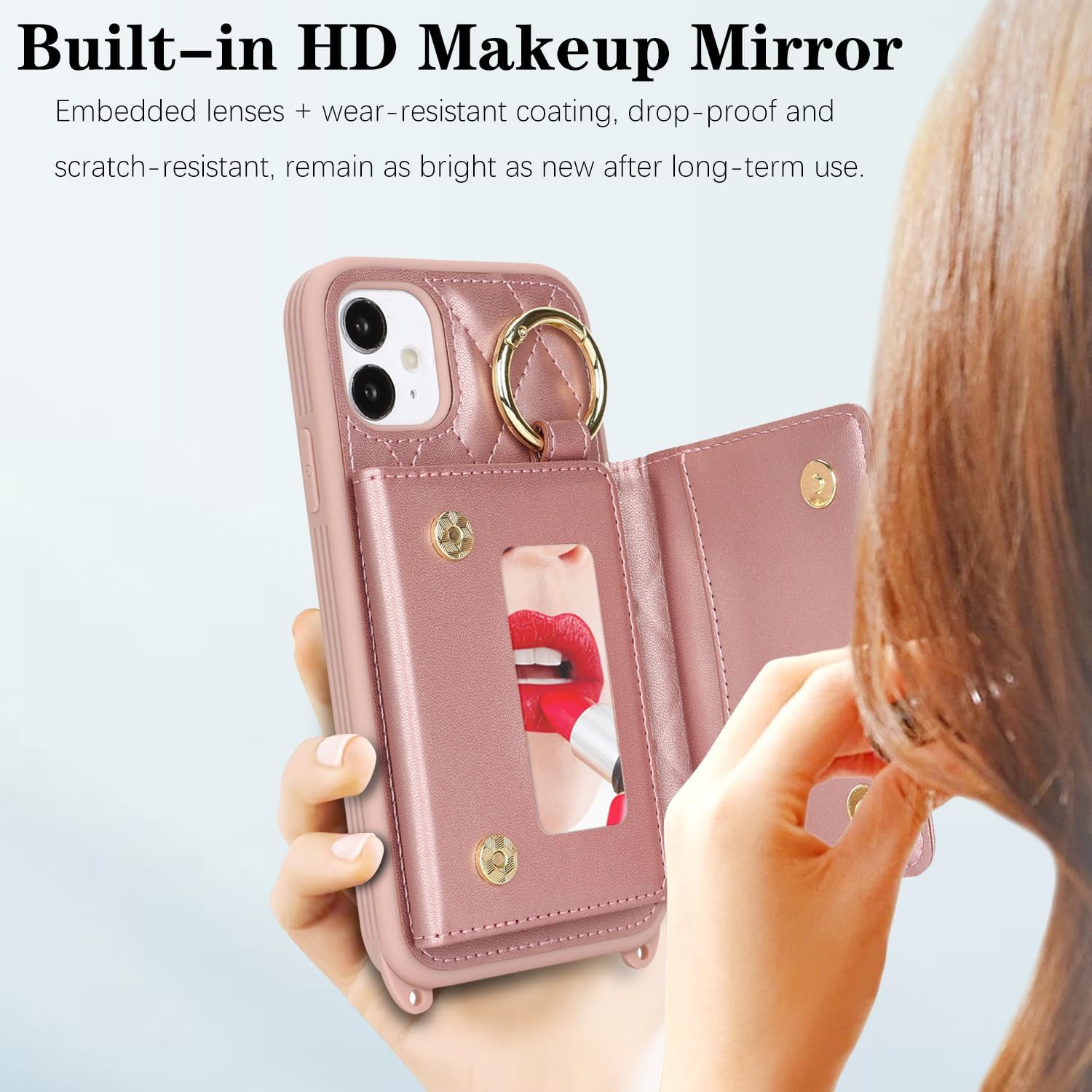 for iPhone 11 Case with Card Holder and Strap for Women,Crossbody Lanyard, Make Up Mirror,Ring Stand,Snap Clasp,Cute Phone Wallet Cases 6.1 inch - Dark Rose Gold