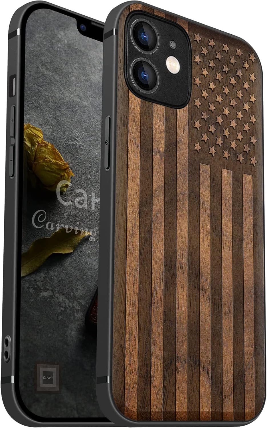 Carveit Magnetic Wood Case for iPhone 12 Case [Natural Wood & Black Soft TPU] Shockproof Protective Unique & Classy Wooden Cover Compatible with MagSafe (American Flag -Walnut)