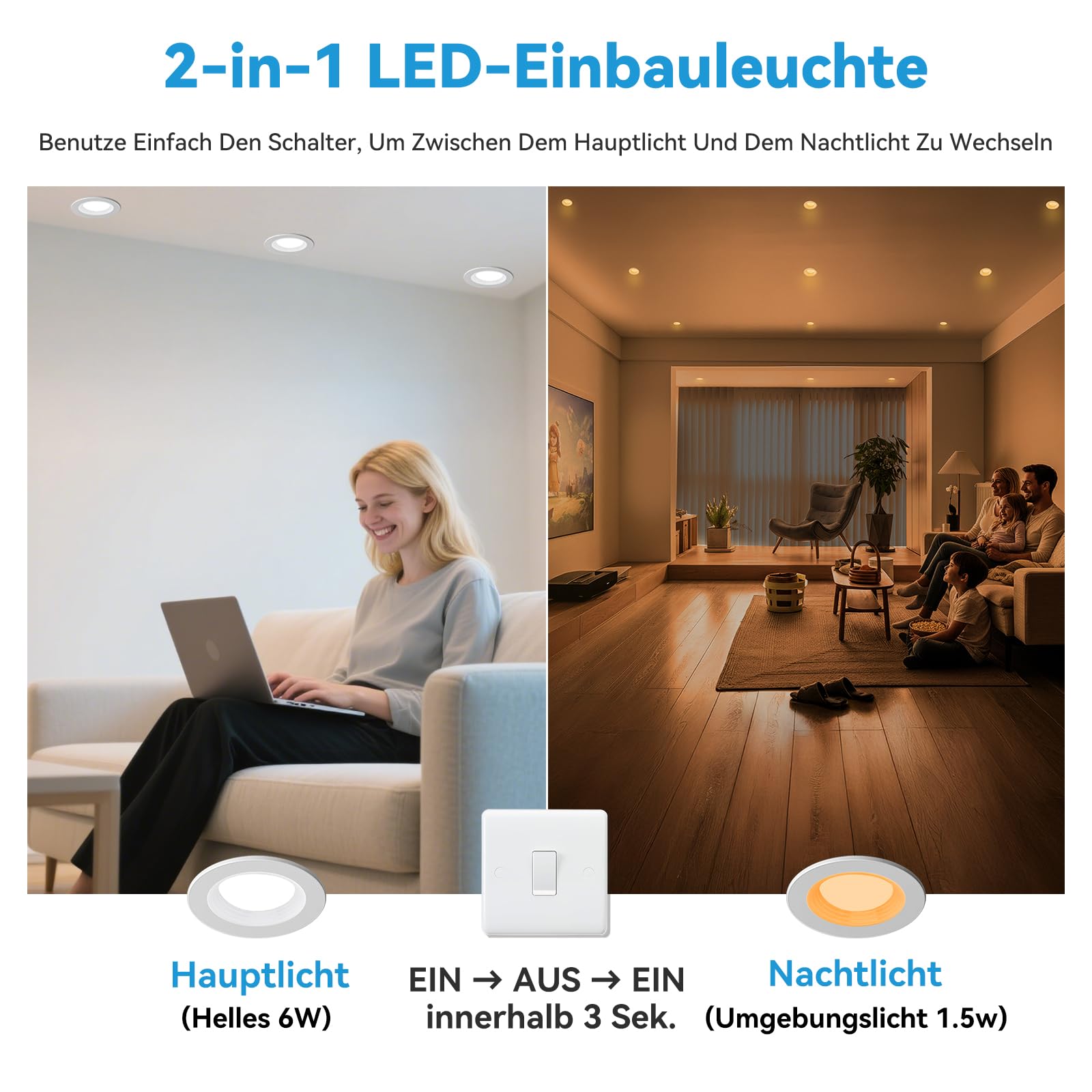 KEELED Einbaustrahler LED mit Nachtlicht, LED Spots 230v, 6W, 3000K/4000K/6000K Wählbar, Schnittloch 70-85mm, IP44, Gehäuse aus Aluminiumdruckguss, 8er Set
