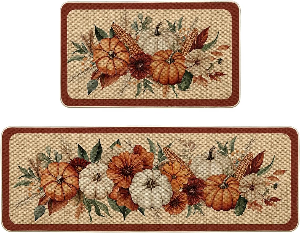 Artoid Mode Vintage Corn Flower Pumpkin Fall Kitchen Mats Set of 2, Autumn Home Decor Low-Profile Kitchen Rugs for Floor - 17x29 and 17x47 Inch
