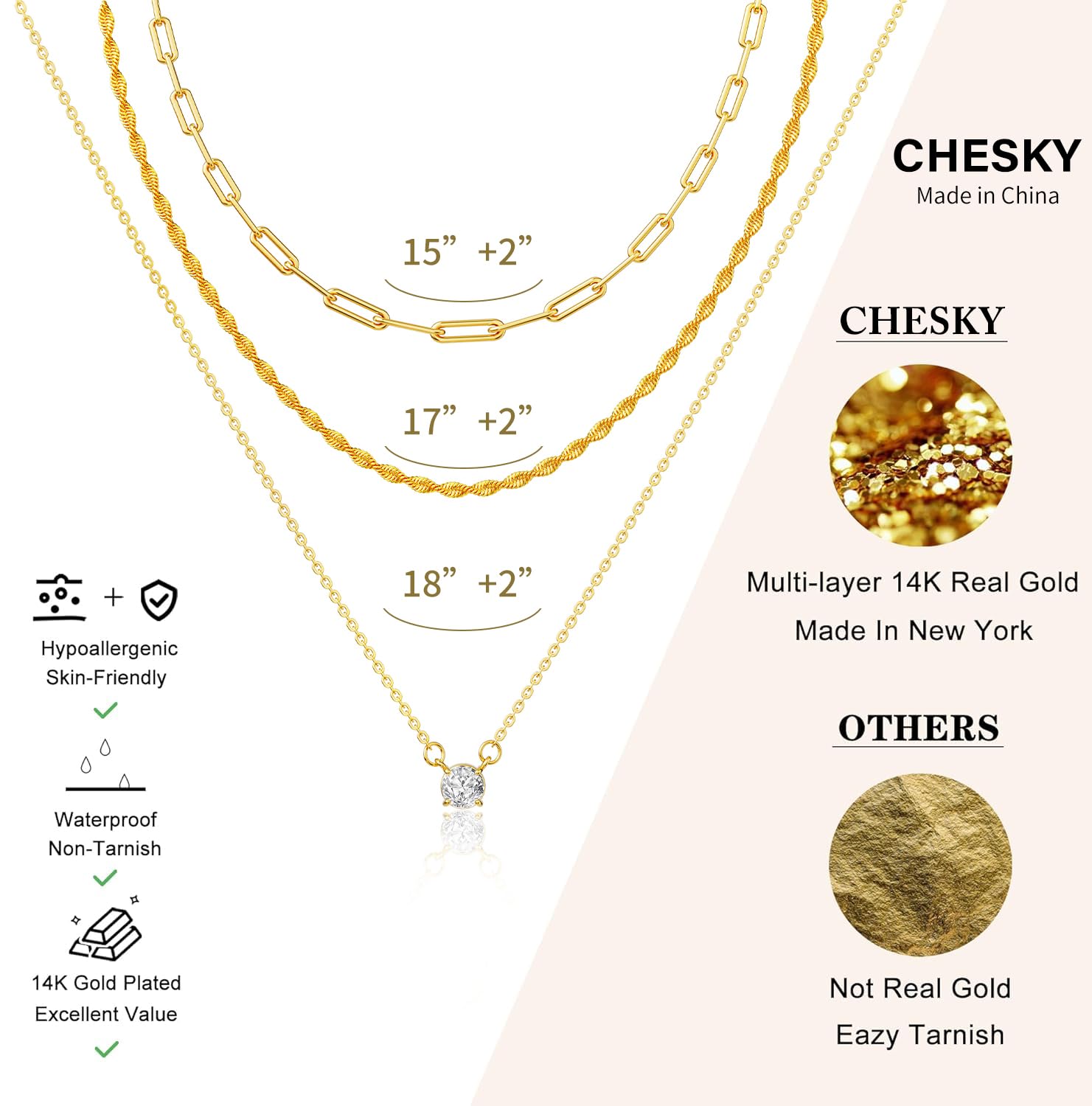 Collares escalonados chapados en oro de 14 quilates para mujer, delicado collar de cadena chapada en oro y plata, collar con colgante de circonita cúbica, gargantilla ajustable en capas, regalo 5