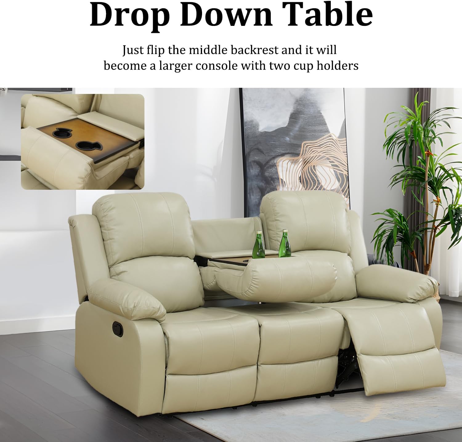 Bonded Leather Recliner Sofa Set, 3 Piece Living Room Furniture Set, Manual Reclining Sofa, Lovesat Couch and Chair with Cup Holders&Storage Console for Living Room (Beige)