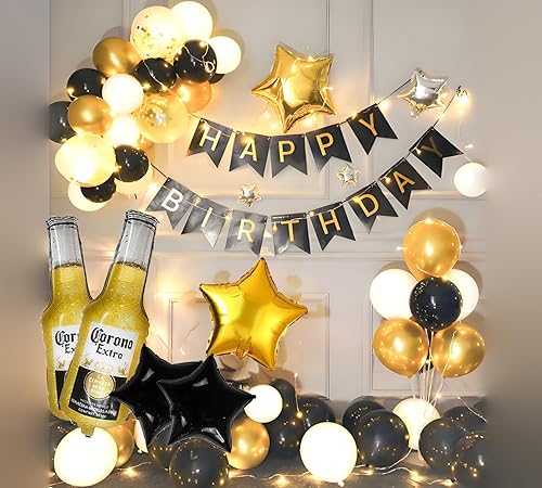 Miniatura 5 de 18 tazas de cerveza con temática de corona, decoración de fiesta para hombres, globos de felicitación, globos dorados y negros de estrella para