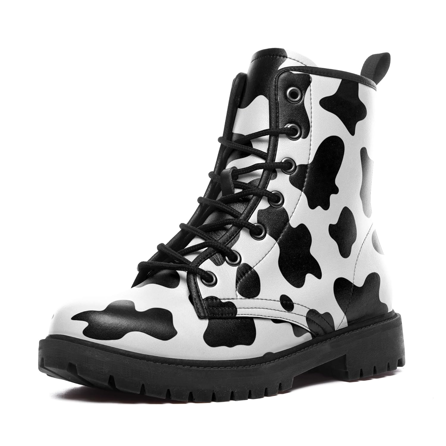 Cow Print Boots for Women Lace-Up Combat Boots Casual Ankle Boot Platform Booties Walking Riding Everyday Streetwear