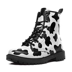 Cow Print Boots for Women Lace-Up Combat Boots Casual Ankle Boot Platform Booties Walking Riding Everyday Streetwear