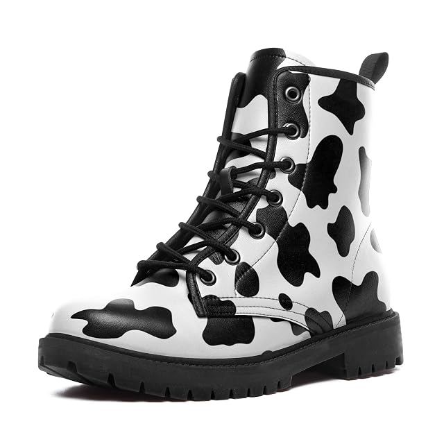 Cow Print Boots for Women Lace-Up Combat Boots Casual Ankle Boot Platform Booties Walking Riding Everyday Streetwear