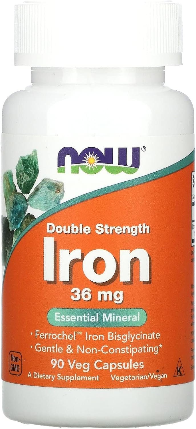 NOW Supplements, Iron 36 mg, Double Strength, Non-Constipating*, Essential Mineral, 90 Veg Capsules