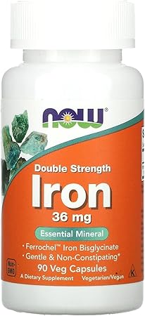 NOW Supplements, Iron 36 mg, Double Strength, Non-Constipating*, Essential Mineral, 90 Veg Capsules