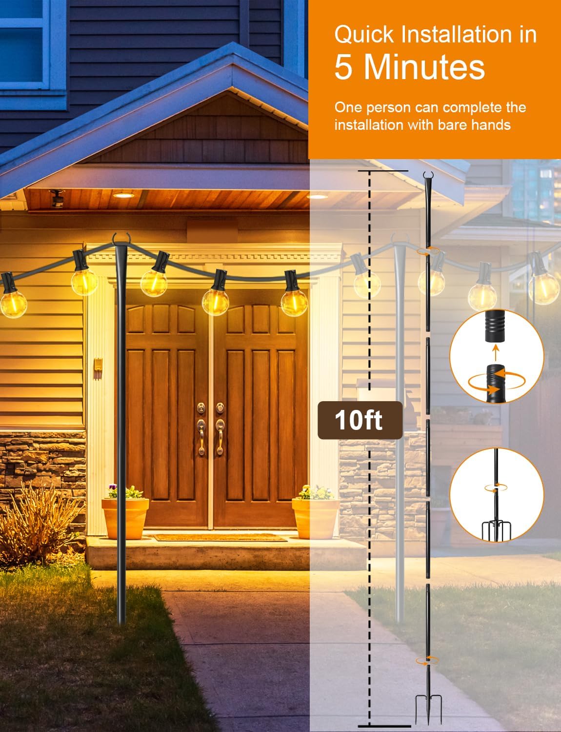 Paquete de 4 postes de luz de cadena de 10 pies para exteriores, poste de luces de metal grueso para colgar al aire libre con tenedor, accesorios de poste colgante de iluminación para decoración de