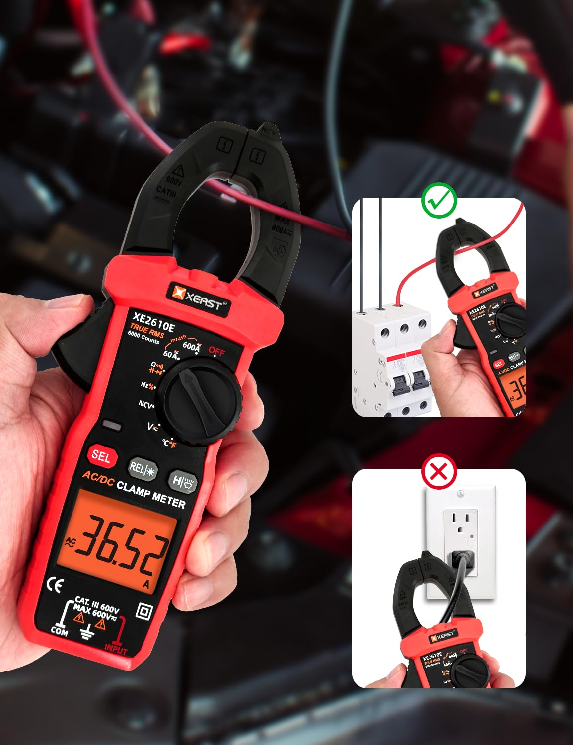 Inrush Digital Zangenmessgerät, TRMS Multimeter 6000 Zählungen, Auto-Ranging, misst AC/DC Strom, Spannung, Kapazität, NCV, Frequenz, Live Wire, Widerstand, Diode, Durchgang – AC/DC Stromzange