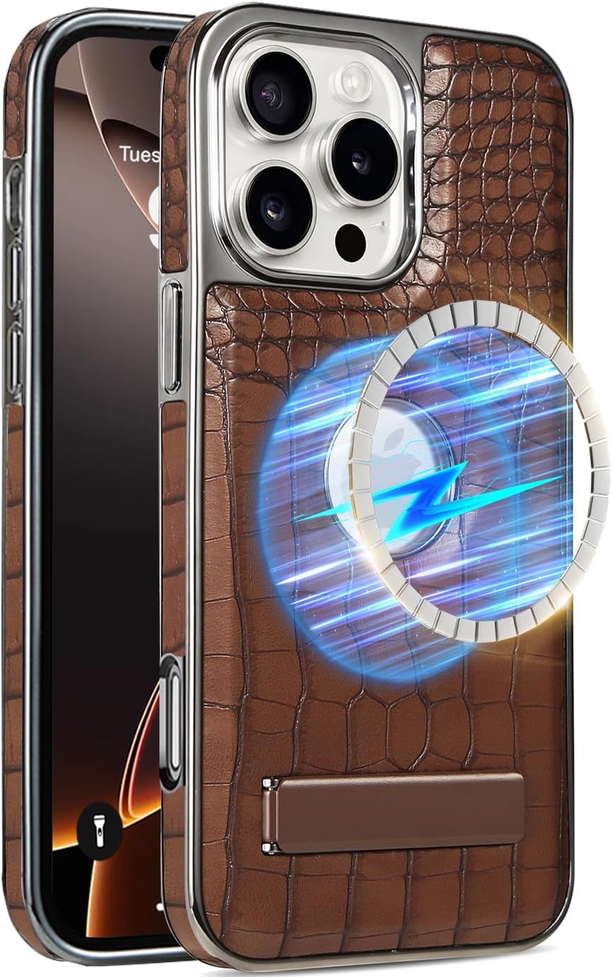 Leather Case for iPhone 16 Pro Max, Luxury Crocodile Pattern PU Leather with Kickstand, Luxury Electroplated Edge Frame Slim Shockproof Stand Protective Cover for iPhone 16 Pro Max(Brown)