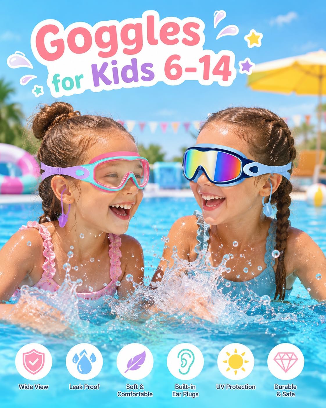 Kids Swim Goggles 2 Pack with Kids Swim Cap, Goggles for Kids Ages 3-14 | Anti-Fog UV Protection, No-Leak Wide View Toddler Goggles for Boys and Girls, Pool, Beach and Swim Lessons