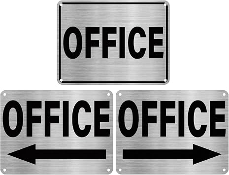 3 Pack Office Sign with Arrow 8 6 Inches Aluminum Signs | UV Protected, Waterproof, Rustproof, Self-Adhesive, Pre-Drilled Holes,Office Door Signage for Business, Shop, Restaurant