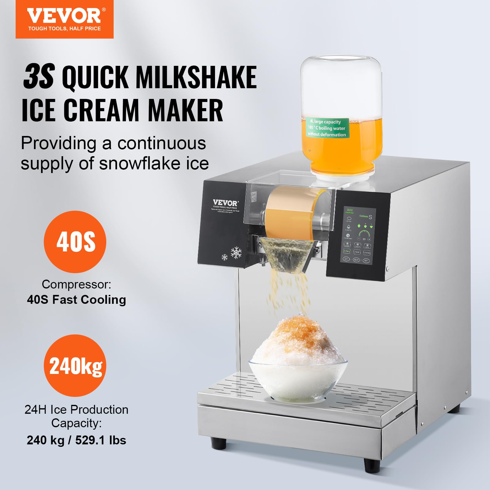 VEVOR Machine à Glace Râpée de Neige Commerciale, Machine à Râper la Glace 240 kg/24H, Machine à Glace Pilée en Inox, Système de Refroidissement par Liquide, Glace Rasée pour Dessert Boulangerie Café