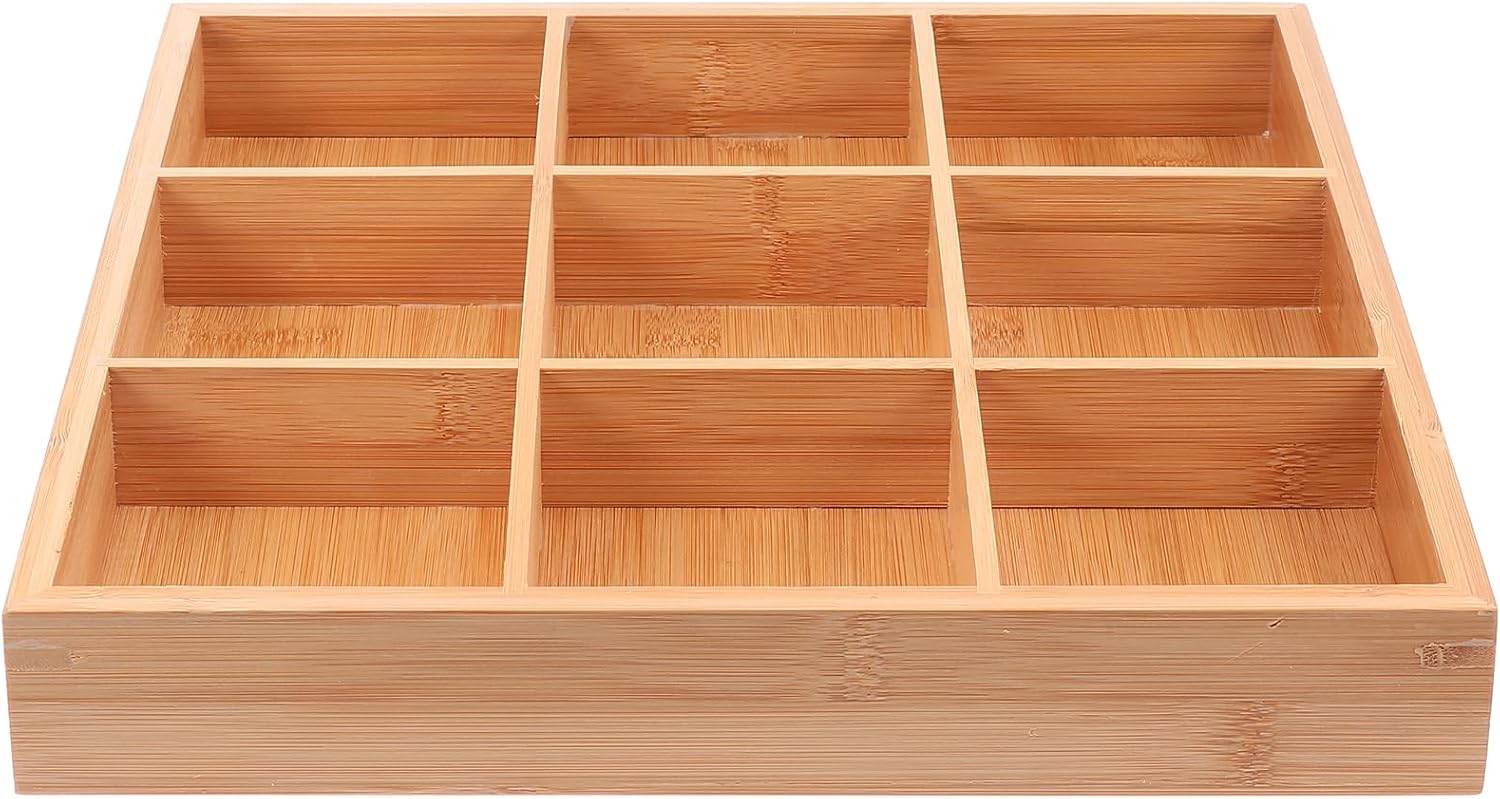 Cabilock 9-Compartments Wooden Divided Tray, Square Bamboo Serving Party Platter for Dry Fruits Snacks Candy and Dips, Space-Saving Shallow Drawer Organizer -13.2 x1.57 inch