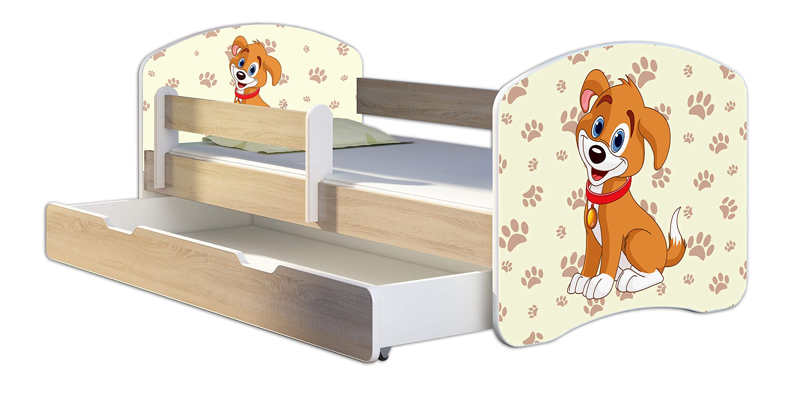 ACMA Kinderbett 140x70 mit Schublade und Matratze, Sonoma Rausfallschutz Lattenrost Spielbett