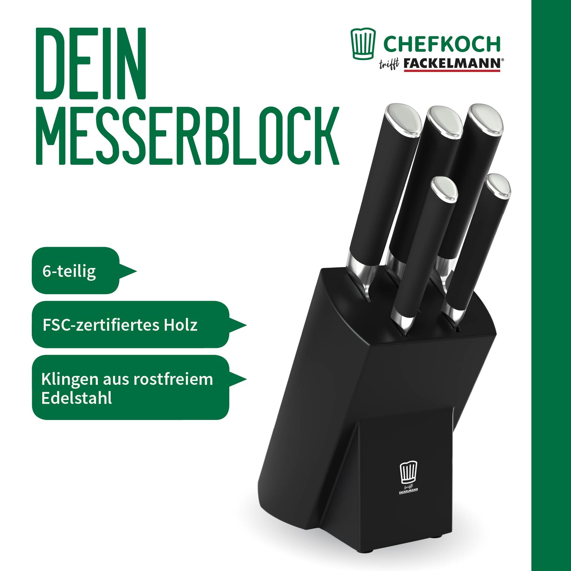 Chefkoch trifft Fackelmann Premium Messerblock aus FSC-zertifiziertem Holz – 6-teilig, mit Antirutsch-Füßen und Edelstahlklingen