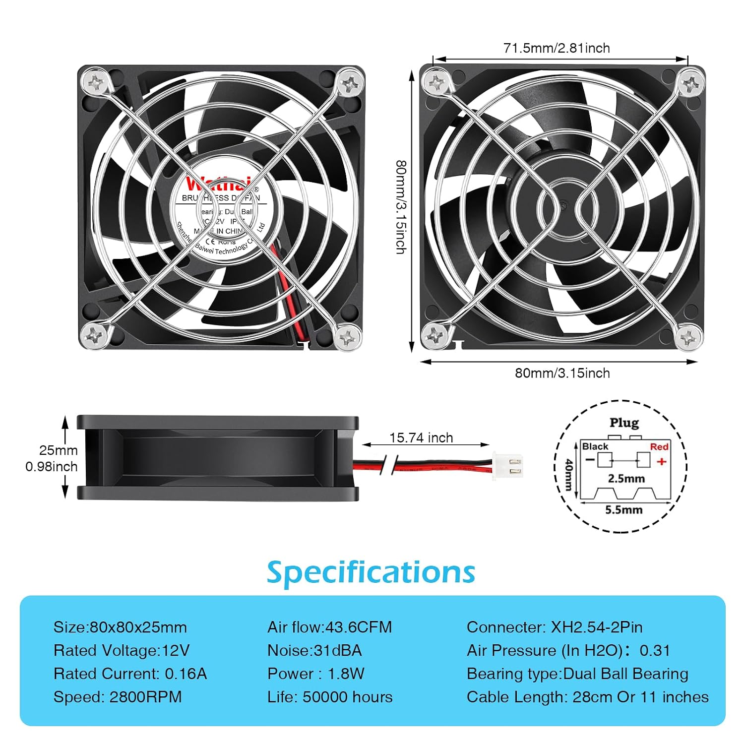 Wathai IP67 Waterproof 80mm x 25mm 12V Cooling DC Fan for RV Fridge Exhaust