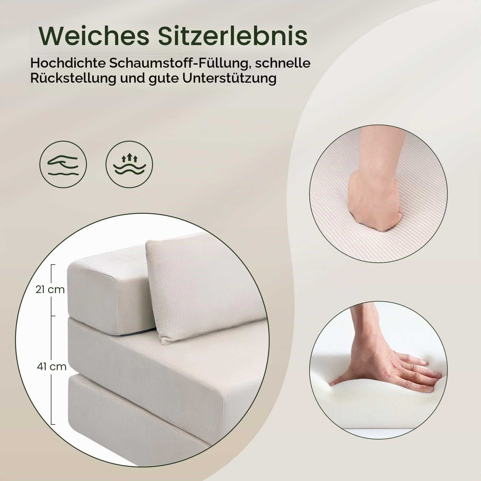 EUGAD Schlafsofa 2-Sitzer, Klappbares Bodensofa mit Kissen, Beige
