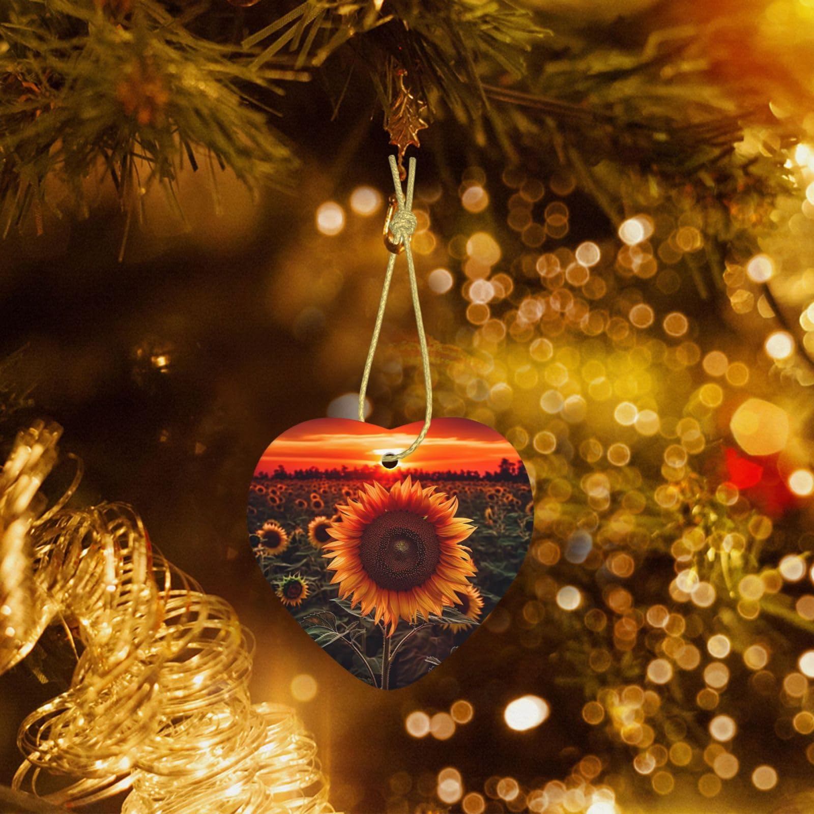 Christmas Heart Shaped Ornaments 1 Pcs, Double-Side Ceramic Xmas Tree Hanging Ornament with Gold String Sunset Sunflower Personalized Porcelain 2025 Christmas Pendent for New Year Holiday Decoration