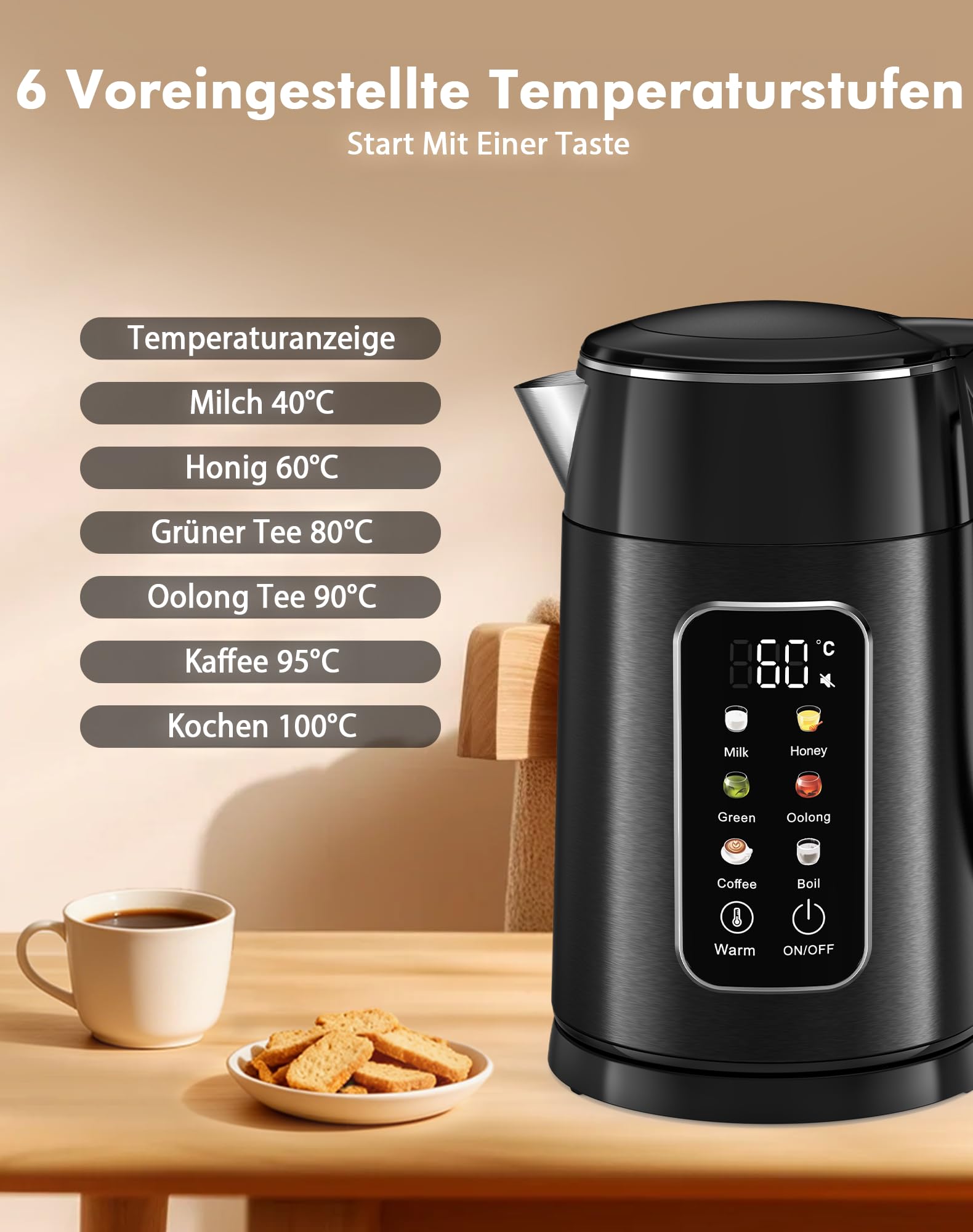 Wasserkocher mit Temperatureinstellung 1,7L 2200W Edelstahl Wasserkocher Schwarz mit 6 Temperaturstufen, Farbdisplay, 2H Warmhaltefunktion, Elektrisch Teekocher Doppelwand BPA frei für Büro Haushalt