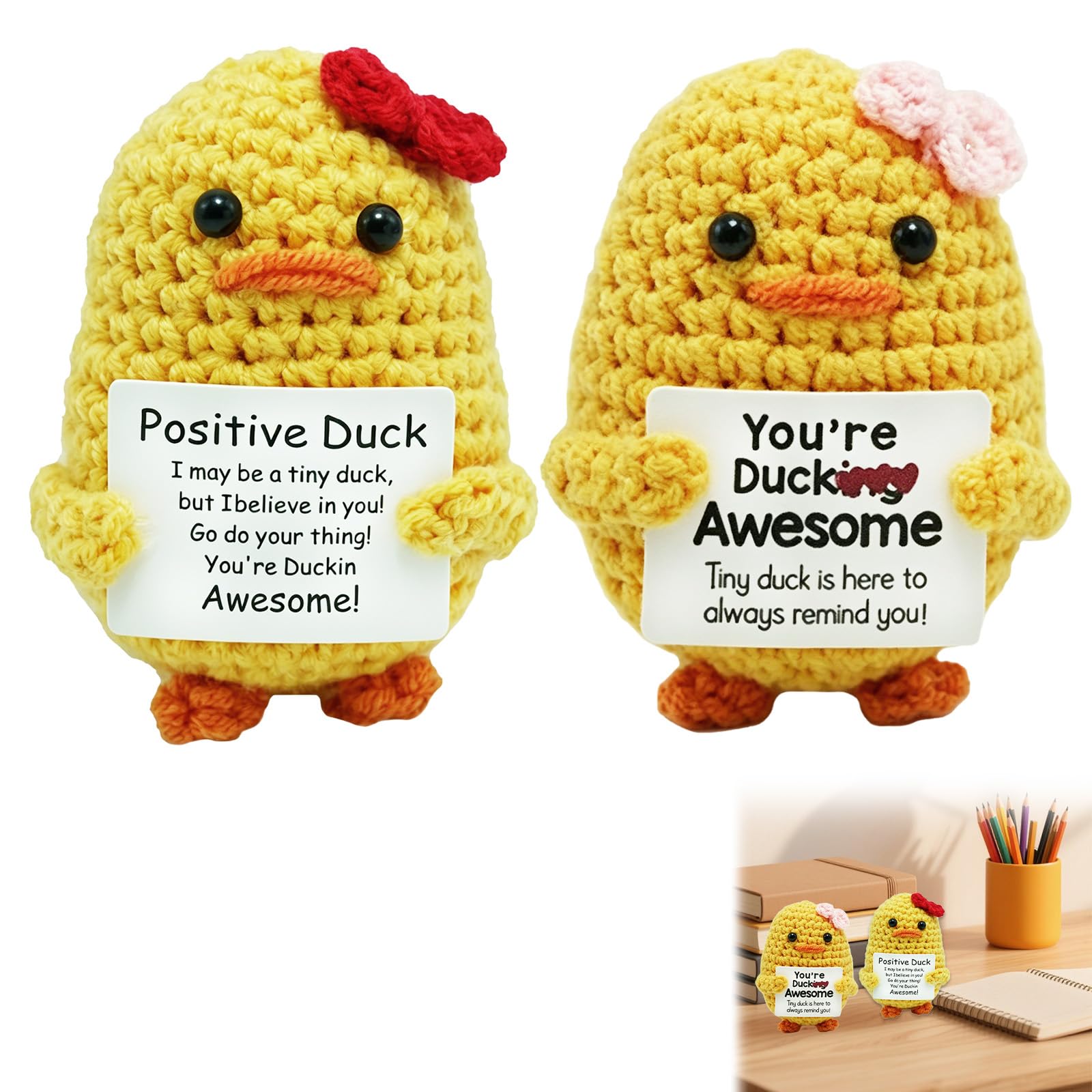 Thhiit Cheer Up Gifts for Women, 2Pcs Emotional Support Crochet Duck with Positive Card for Family Friends Sisters