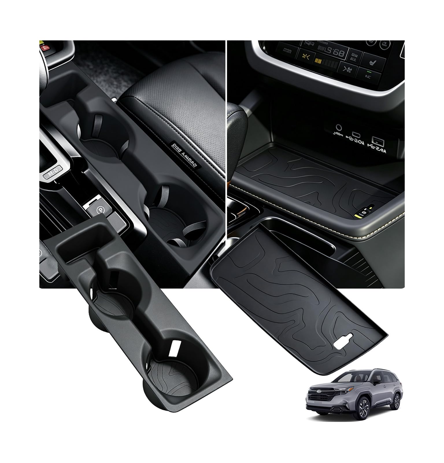 Cup Holder Insert &amp; Wireless Charging Protective Mat for Subaru Forester 2026+, Center Console Interior Accessories Cup Holders &amp; Wireless Charger Cover Pad for 2026+ Forester, Black