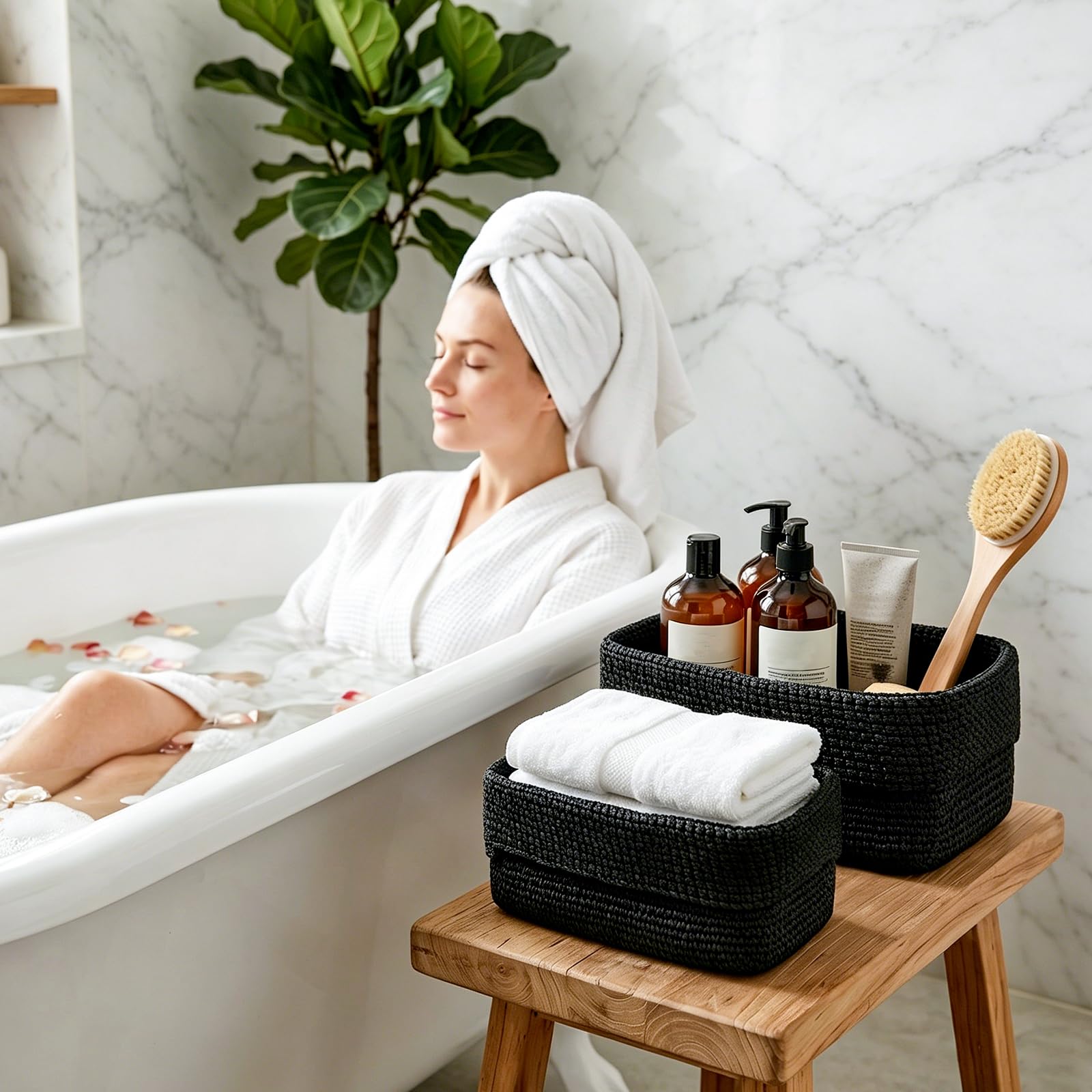2 Piezas Cestas Almacenaje, Cesta de Ganchillo Tejida a Mano, Cestas de Almacenamiento, Cesta Organizadora Rectangular Grande y Pequeña para Baño, Salón y Oficina, Negro (negro)