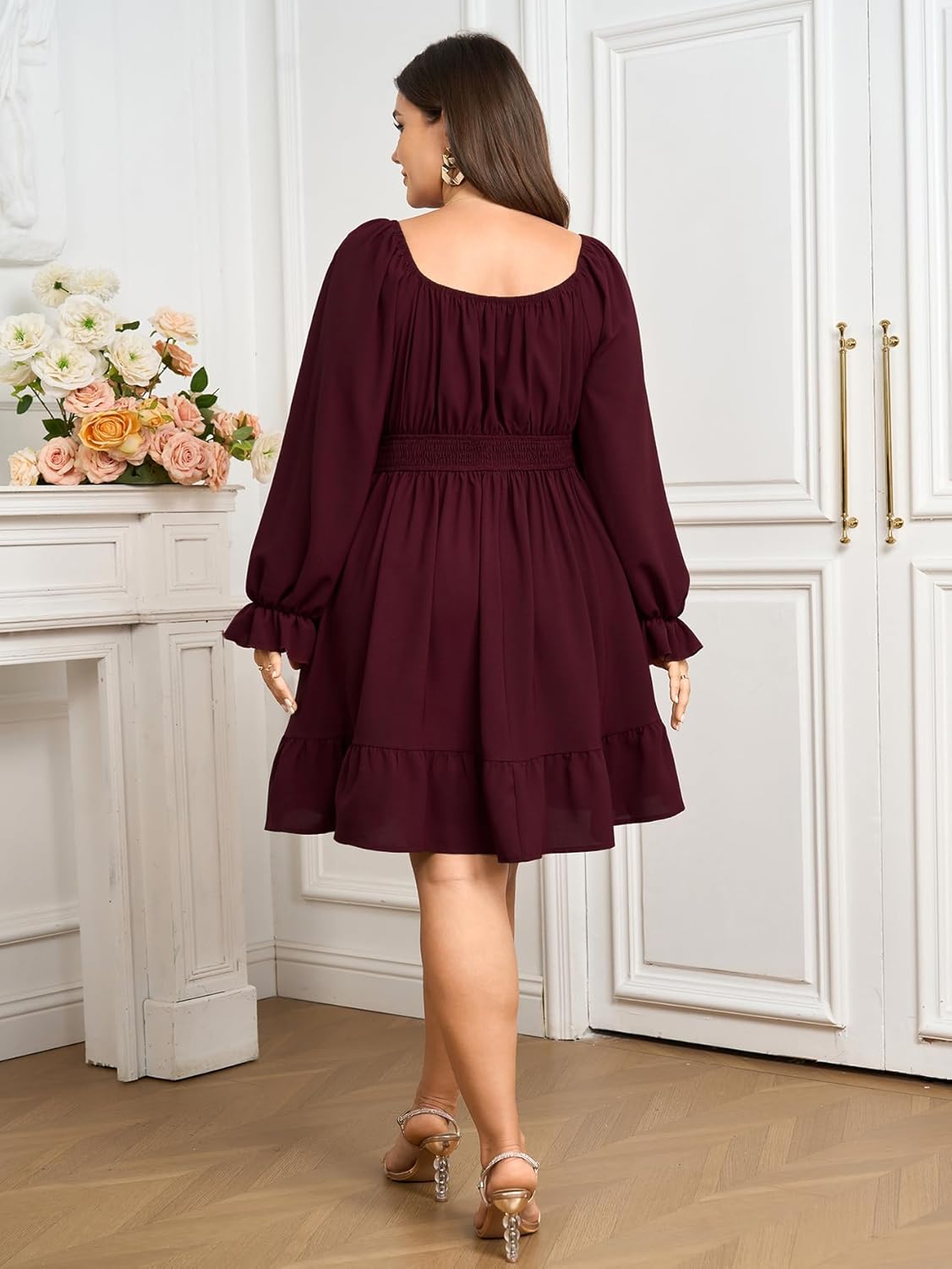 SCOMCHIC Womens Plus Size Dresses Long Sleeve Square Neck Smocked Casual Ruffle A-Line Flowy Fall Mini Milkmaid Dress - Image 6