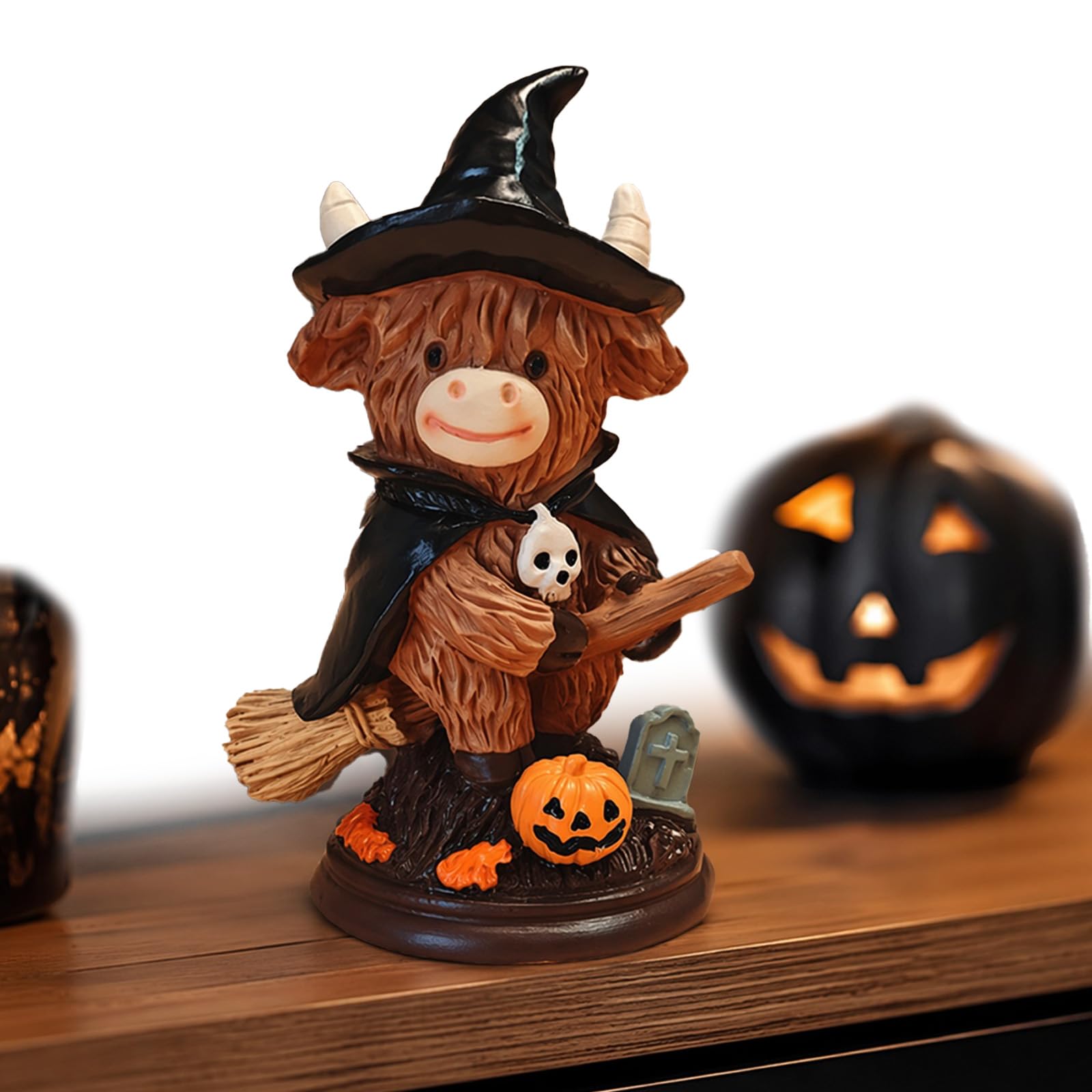 Fall Highland Cow Figurines Decor, Pumpkin Highland Cow Halloween Statue