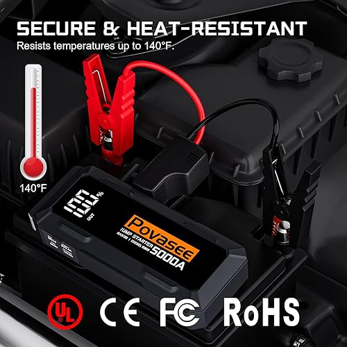 Miniatura 8 de Arrancador de batería de coche Povasee A40 de 5000 A, caja de salto de 12 V para coche hasta todo gas o motor diésel de 10 L, arrancador portátil