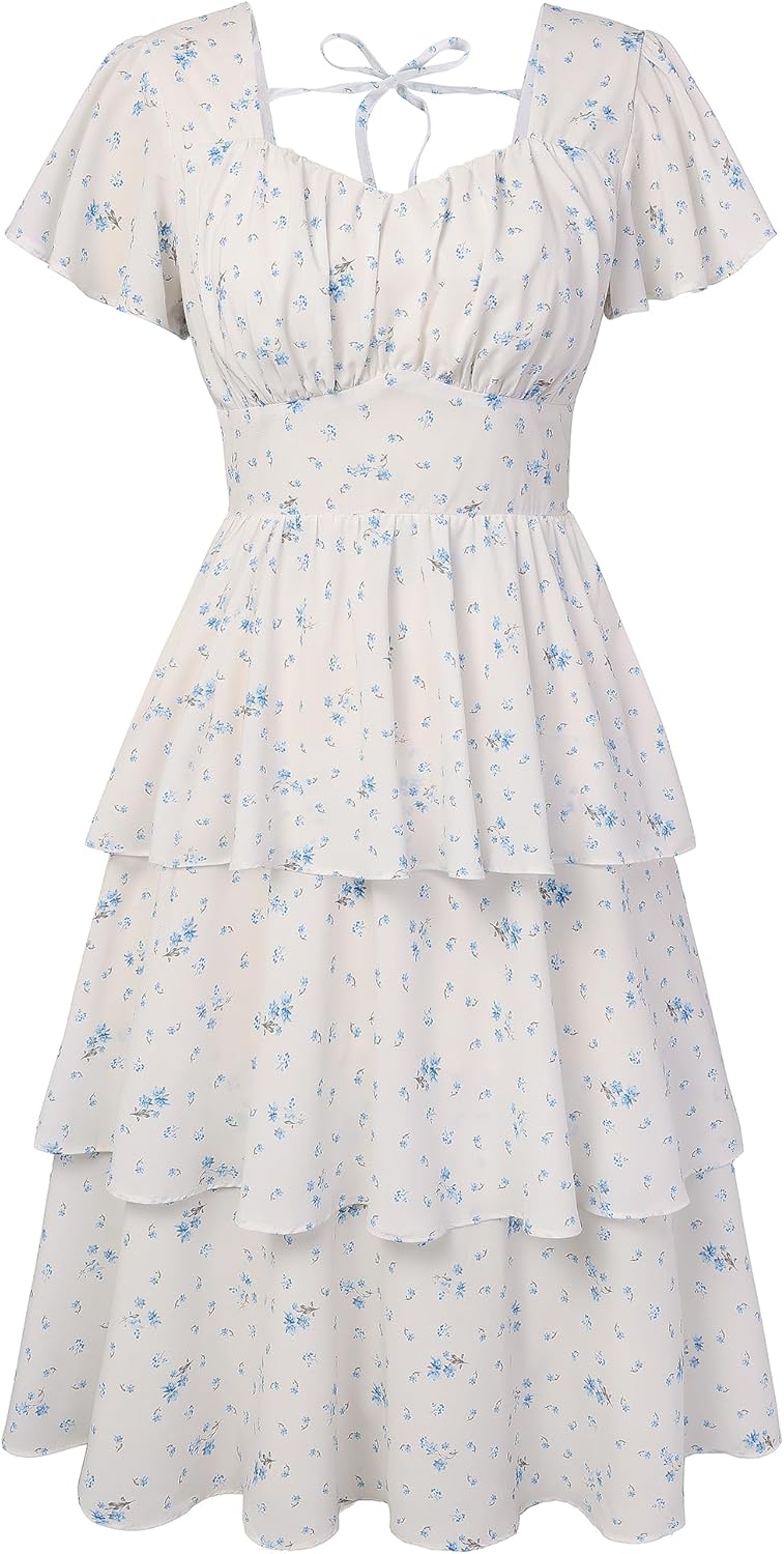 Belle Poque Women's Vintage Square Neck Dress 2026 Summer Short Sleeve Layered Tiered Ruffle A-line Swing Midi Dress