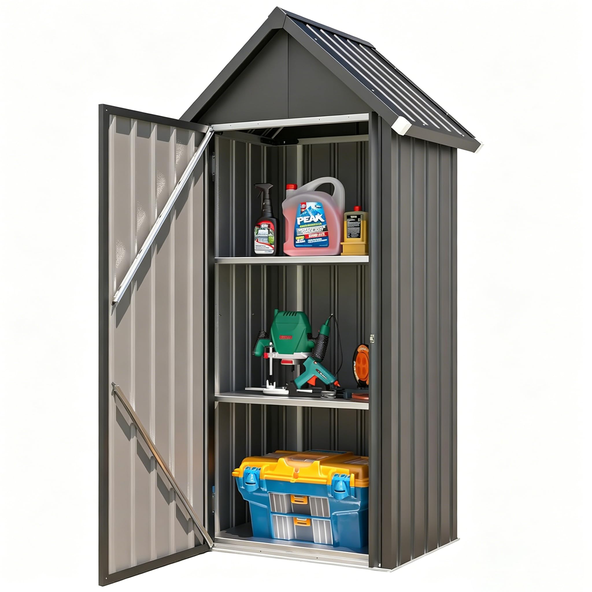 YODOLLA Abri de Jardin Métal,Cabane de Rangement Tout Climat,Armoire Jardin | Résistant aux Intempéries (Pluie, Vent, Soleil),Porte Fermeture Sécurisée et 3 Étagères Amovibles,76x55x178cm, Gris foncé