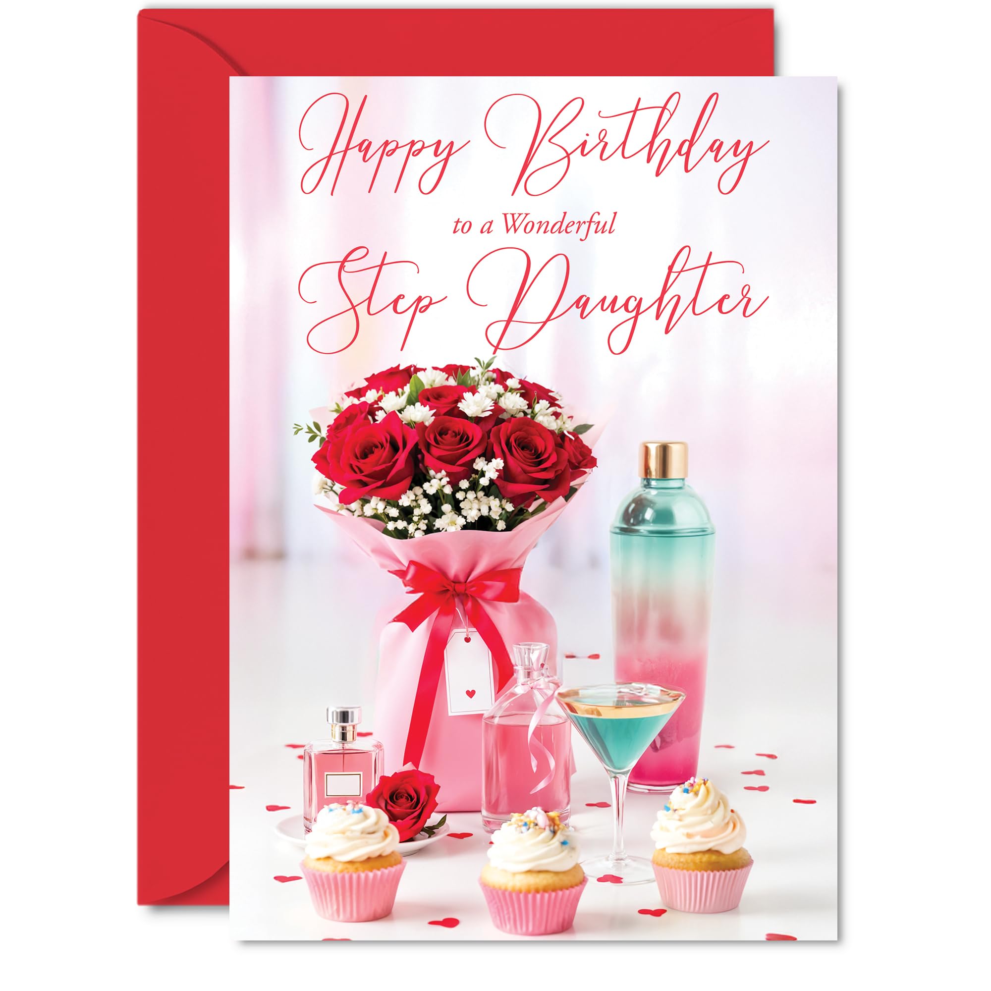 Heartfelt Birthday Card for Step Daughter - Bursting with Birthday Cheer - Red Roses and Cupcake Design for Your Wonderful Step Daughter - A5, Envelope Included