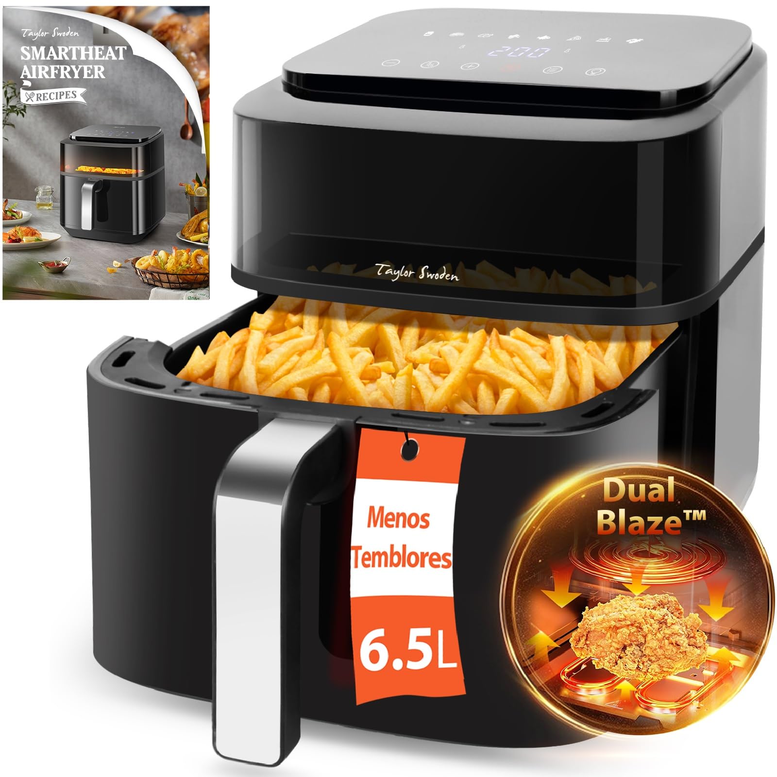 Taylor Swoden Smartheat - Freidora de aire Dual Blaze™, 6,5 l, 1800 W, olla sin agitación, control táctil, libro de recetas, interior totalmente metálico, apta para lavavajillas, para hasta 8 personas
