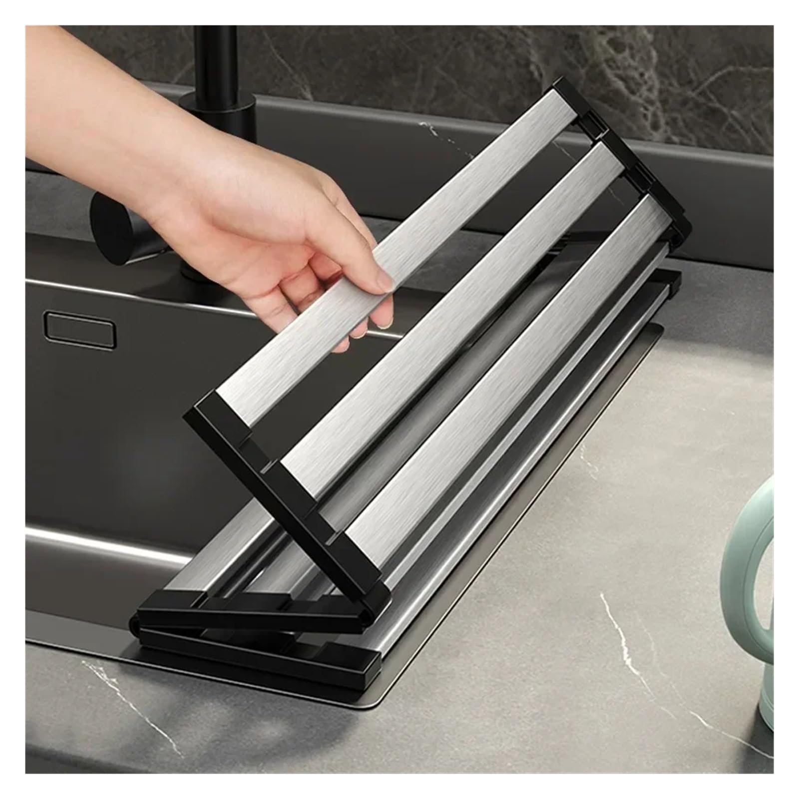 escurridor de Platos Plegable Silicona Soporte for Fregadero de Cocina, escurridor, Acero Inoxidable for y Platos, Cesta Drenaje Plegable retráctil(60x32.5cm)