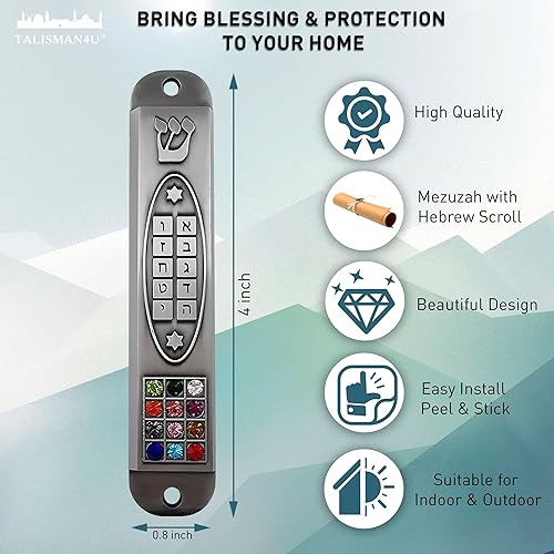 Miniatura 9 de Juego de 3 estaño mezuzá estuche con pergamino para puerta, menorá 3D, estrella de David, diez mandamientos, 12 tribus de Israel, sello mesiánico,