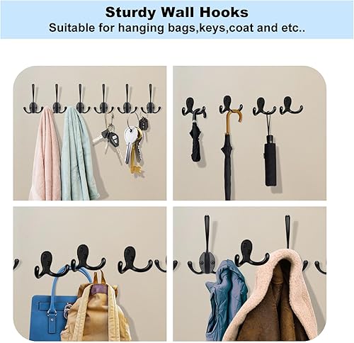 Miniatura 6 de Paquete de 4 ganchos de pared para colgar abrigos, resistentes, ganchos negros para toallas, colgador doble de metal con tornillos retro para