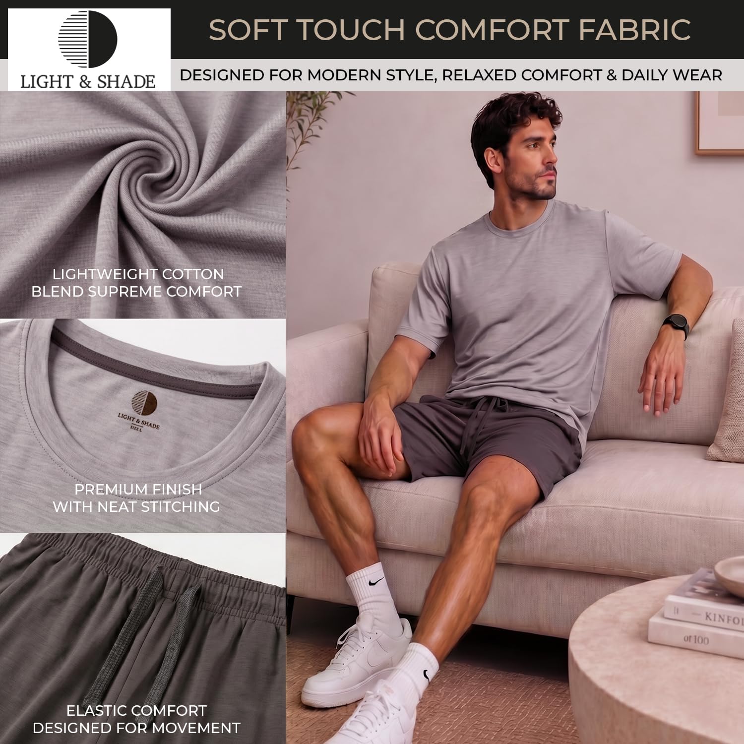 Light & Shade Conjunto Hombre Algodón Loungewear – Pijama con Camiseta y Pantalón Corto, Ropa Dormir Ligera Transpirable con Cordón Verano