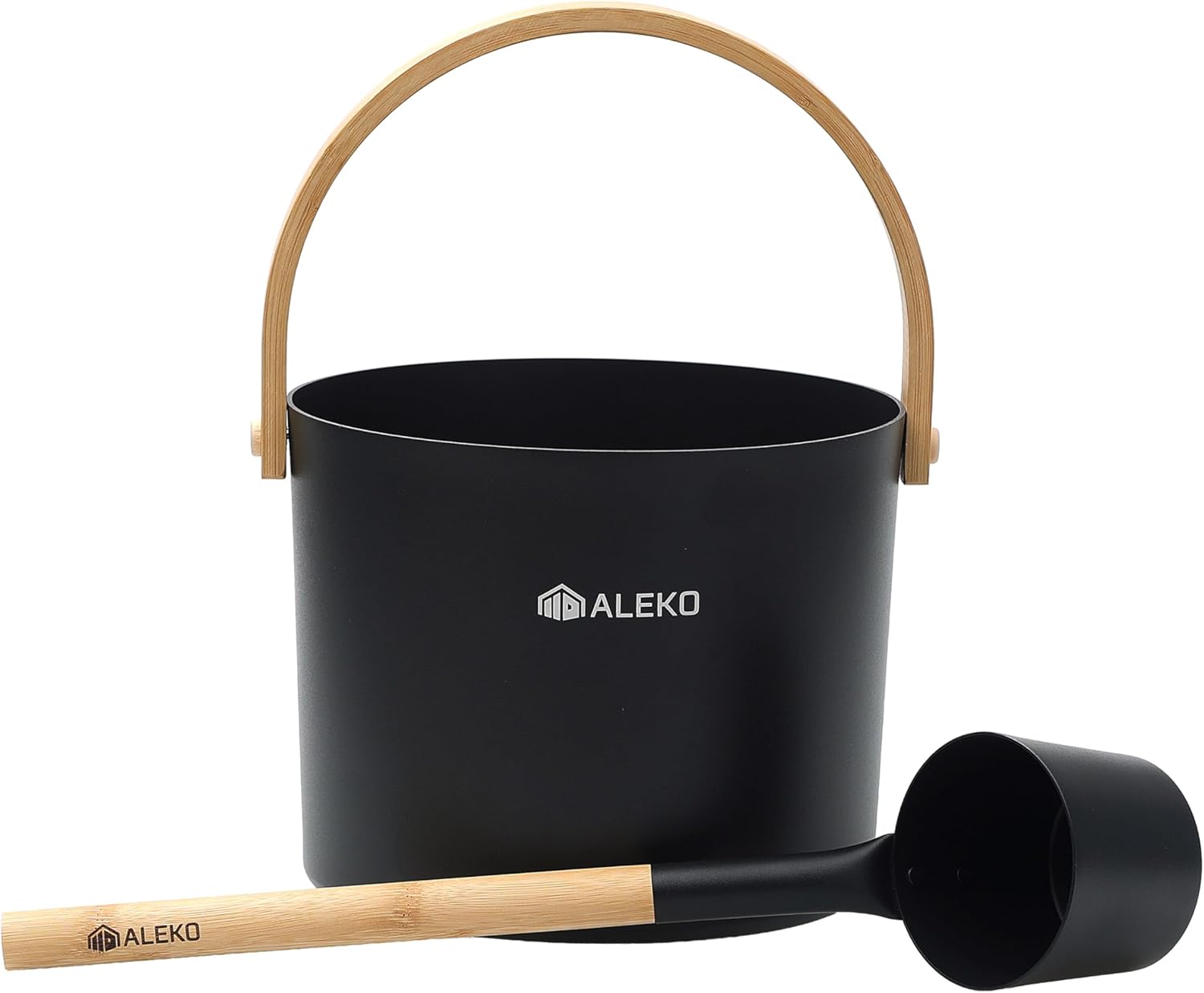 ALEKO Sauna Accessory Kit – Aluminum Bucket & Ladle, 15-Minute Sand Timer, Thermometer Hygrometer Combo, Black Sauna Accessories Set