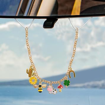 Cute Car Mirror Charm Boho Rearview Mirror Ornament, Aesthetic Cow Pendant, Lucky Clover, Mushroom, Bee, Cactus, and Flower Car Accessories, Auto Dashboard Decor, Lucky Charm for Female Drivers