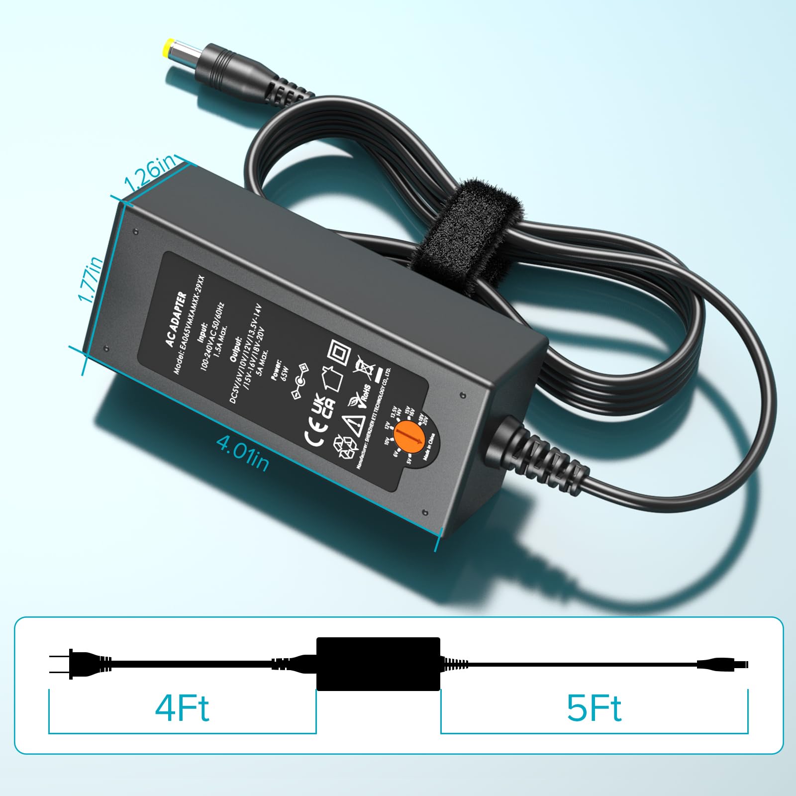 Powseed Adattatore CA universale da 65 W, 5 V, 6 V, 10 V, 12 V, 13,5 V, 14 V, 15 V, 16 V, 18 V, 18,5 V, 19 V, 19,5 V, 20 V, cavo di alimentazione con 16 spine CC per computer portatile Lenovo, HP,