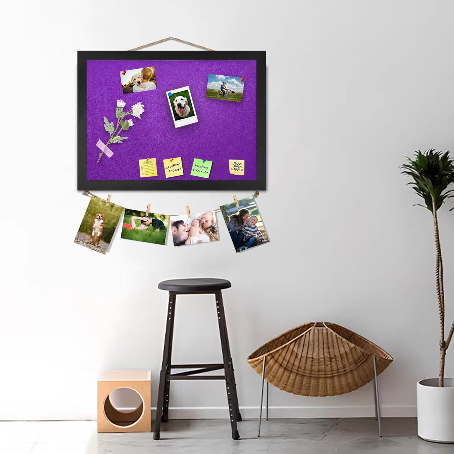 Bulletin Boards Cork Board with Felt, 15"x11" Small Display Pin Board Vision Board for Walls, Jewelry, Notes, Collection, Photos, Office, Wood Framed(Black) & Felt(Purple), 1pc