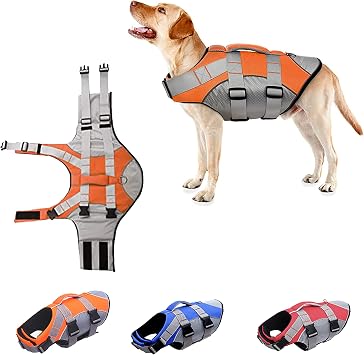 Reflective Dog Life Jacket Dog Life Vest, Dog Swimsuit, Reflective Strips, Rescue Handle, Adjustable Nylon Straps with Buckle, Fasteren with The Hook and Loop, Buoyancy Orange, Large